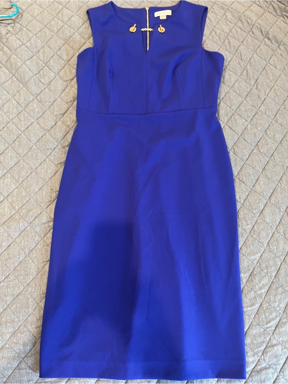 Calvin Klein Sleeveless Cobalt Midi Sheath Dress with Gold Accents